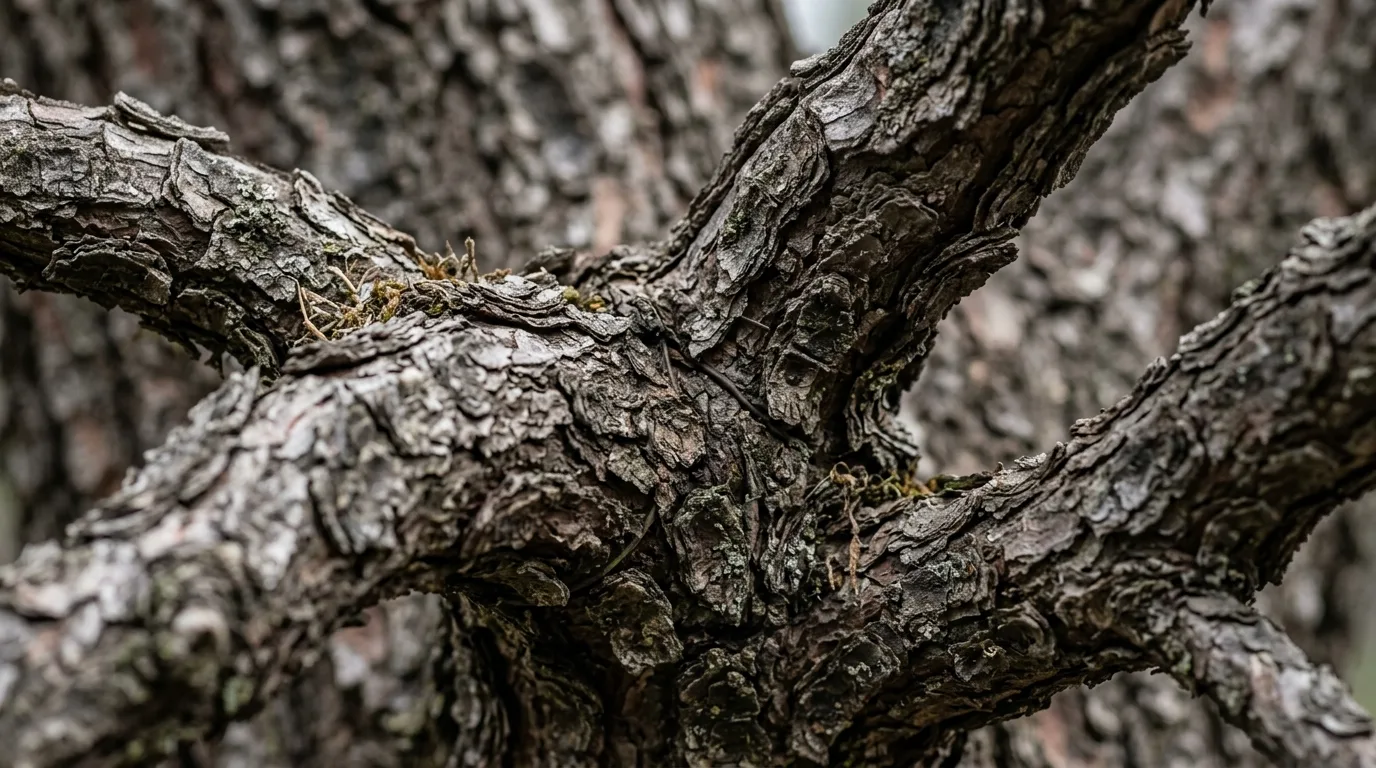 Close-up of weathered, moss-flecked bark where a trunk divides into branches.