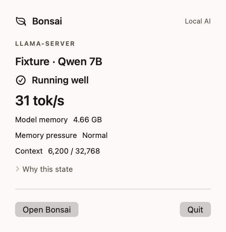 Actual Bonsai menu-bar interface showing the active runtime, a Running well state, speed, memory, and context. Synthetic preview readings.