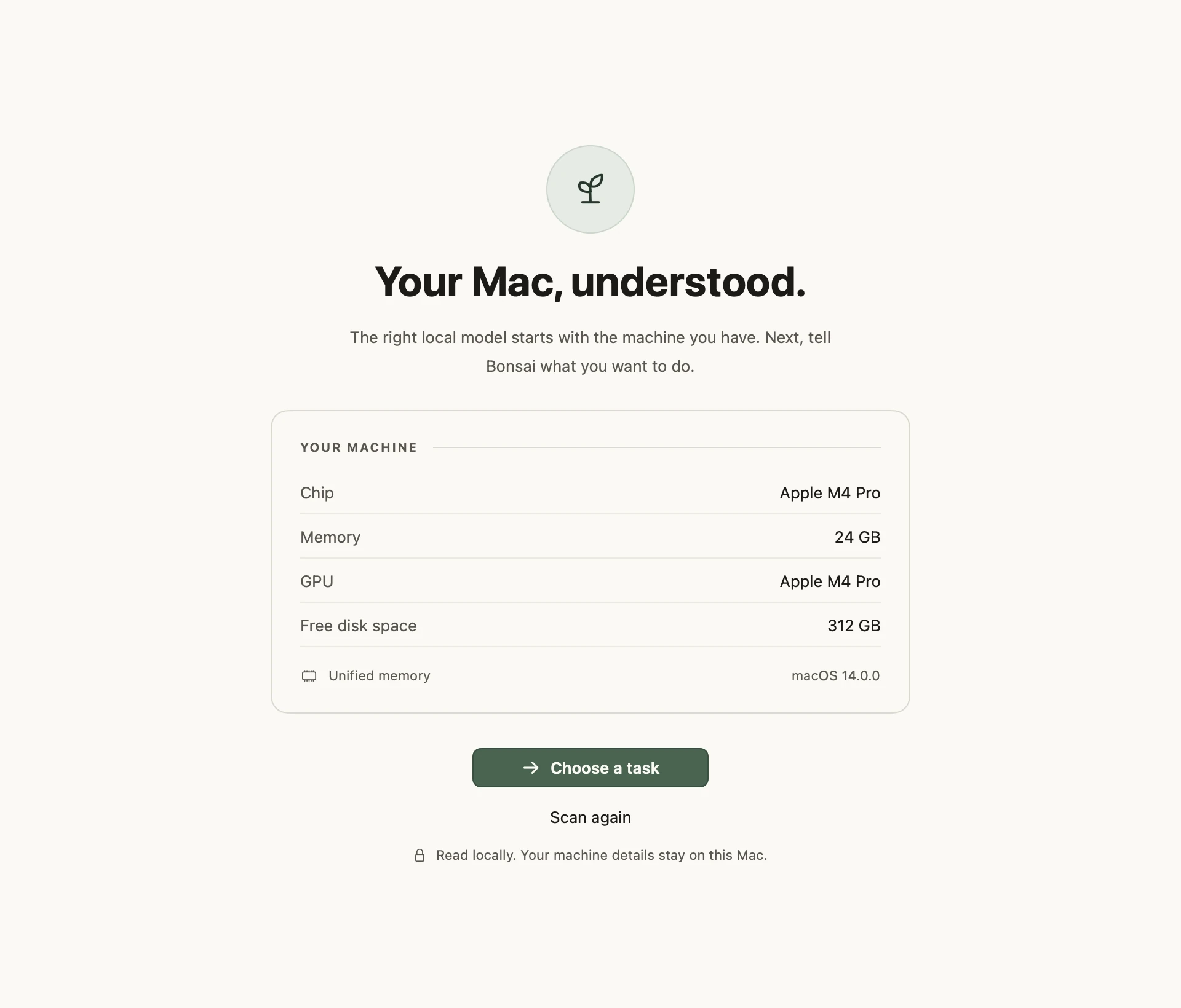 Bonsai hardware scan showing an Apple M4 Pro with 24 GB memory. Illustrative preview data.