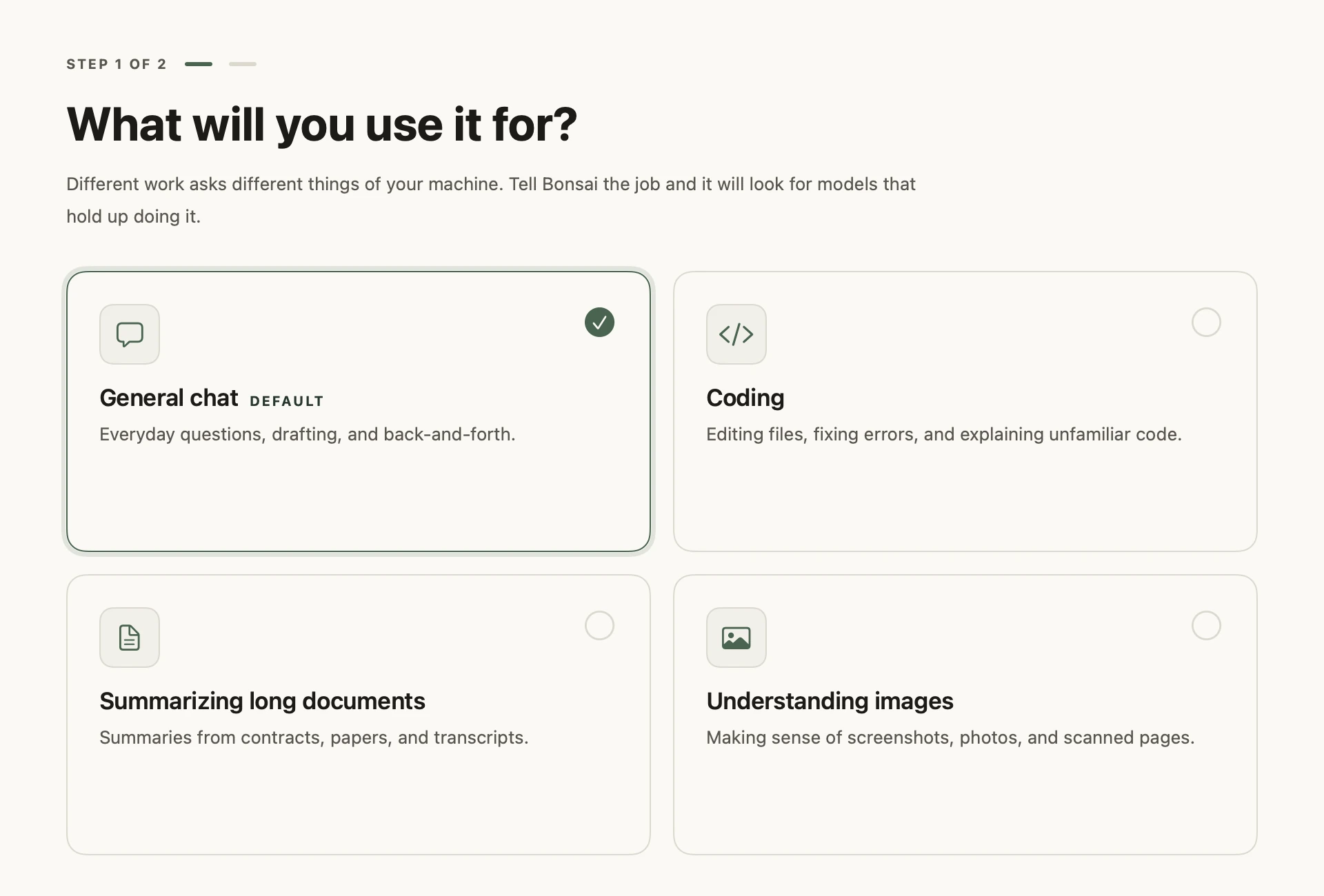 The actual Bonsai task-selection screen with general chat, coding, long documents, and image understanding.